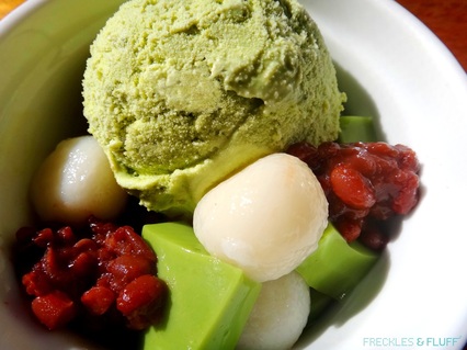 Green Tea Ice Cream with Mochii Balls, Sweet Red Bean and Jelly Topping